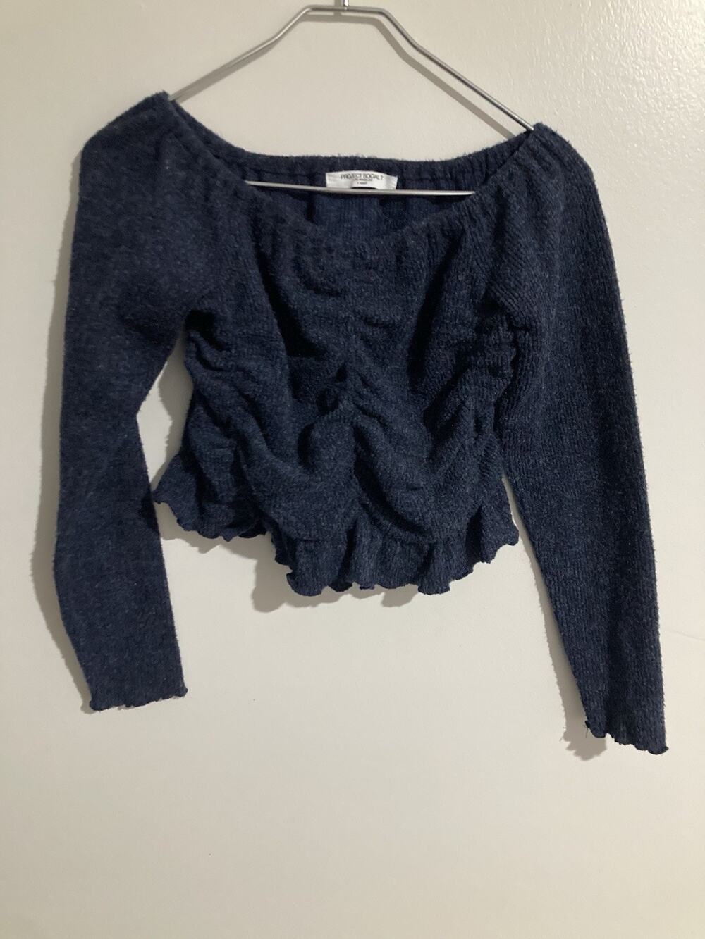 Project Social T Navy Blue Long Sleeve Cinch Crinkle Front Sweater Women’s XS